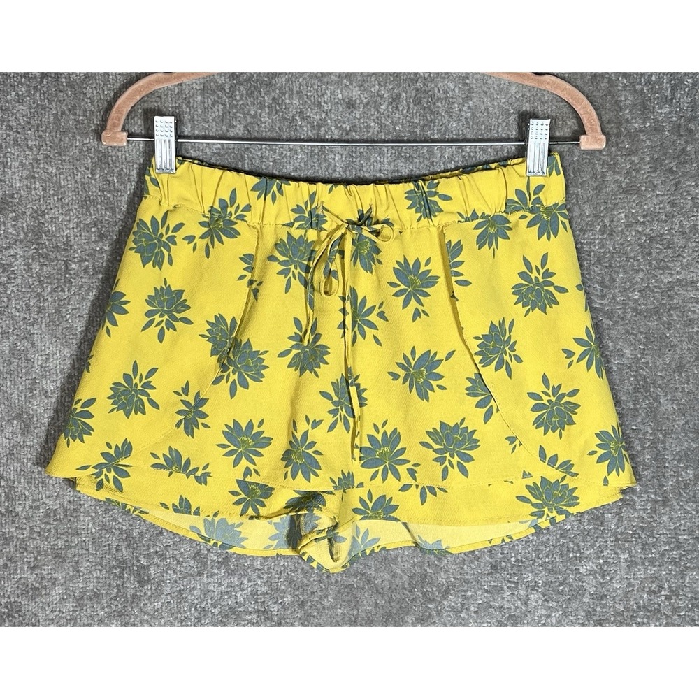 Zara Trafaluc Mini Skort Womens Size Small Yellow Blue Floral Pull On Drawstring